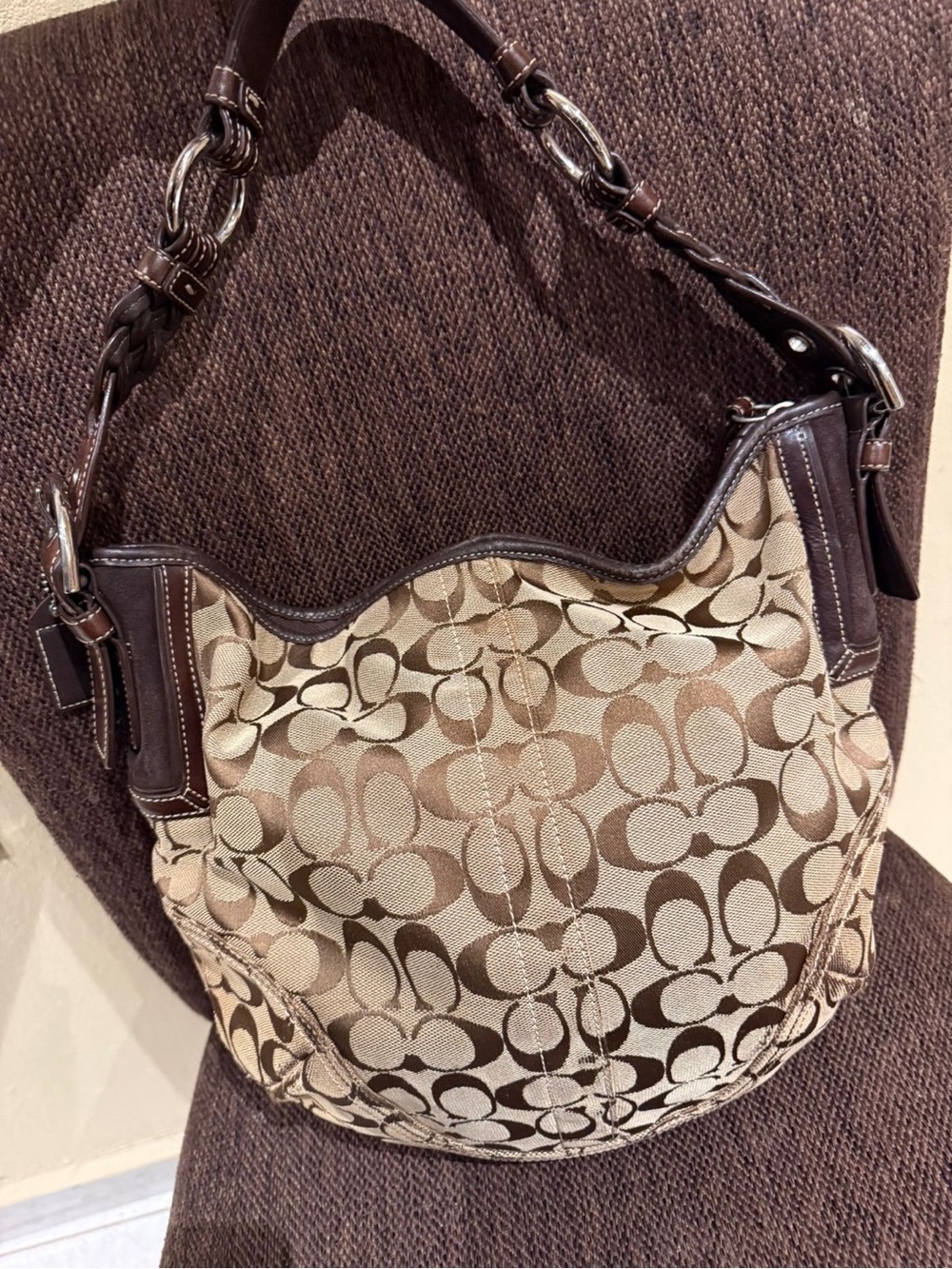 Coach Shoulder Bag in Brown and Beige Signature Canvas